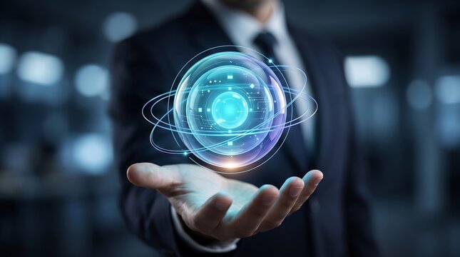 Businessman holding glowing spherical digital interface with circuit patterns representing global connectivity and advanced data visualization in modern technology business environment