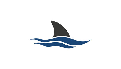 Obraz premium Minimalist logo showing a dark grey shark fin cutting through blue ocean waves, representing danger, wild marine life, or power.