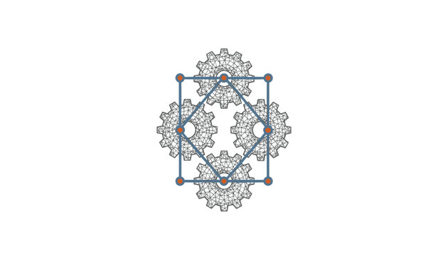 Four abstract metallic gears connected by a blue geometric grid with orange nodes, representing mechanical engineering and synergy.