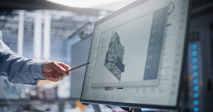 Engineering Workflow Shows Stylus based Review of Robotic System Documentation on Digital Display, Supporting Technical Validation, Design Coordination, Component Analysis, and Factory Development.