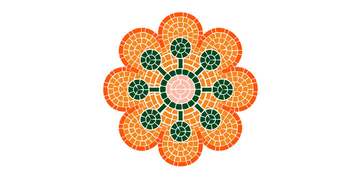 Mosaic flower pattern icon, orange and green floral tile design, circular ceramic tesserae art isolated on white background