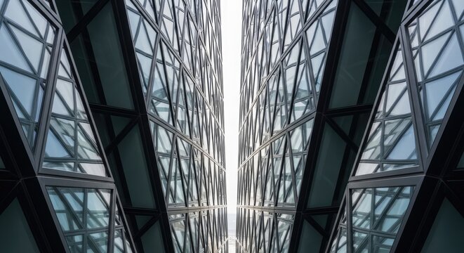 A photograph captures a striking architectural view from below, looking upwards through a complex grid of intersecting glass windows.