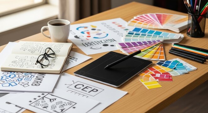 A designer's workspace is cluttered with creative tools and materials. A coffee cup sits on a wooden desk alongside a tablet, sketchbooks, colored pencils, and a color palette.