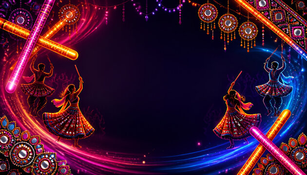 Navratri festival celebration background with garba dancers and dandiya sticks