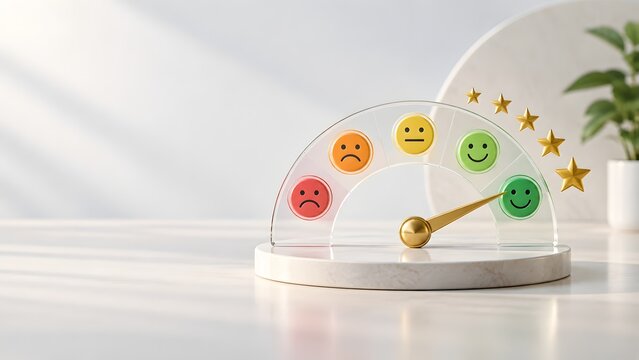 Customer satisfaction meter with golden needle pointing to happy emoji and five stars illustrating excellent service quality client feedback score and maximum performance rating