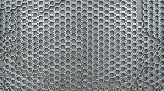 A close-up shot of a large, densely packed arrangement of hexagonal metal plates. The plates are silver in color and exhibit a repeating hexagonal pattern.