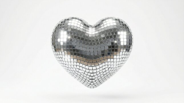 Silver Heart Shaped Mirror Disco Ball Isolated on White Background