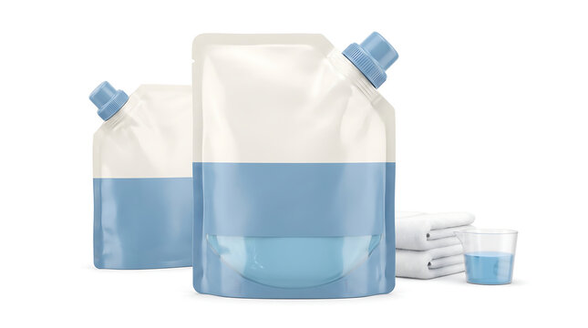 White and blue laundry detergent refill pouches with folded towels and measuring cup for product packaging mockups, e-commerce listings, and cleaning brand advertisements.