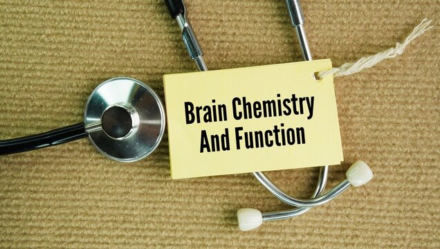 A stethoscope and a paper tag bearing the words "Brain chemistry and function"&mdash;referring to the complex interactions between chemicals in the brain that control how you think, feel, and act.