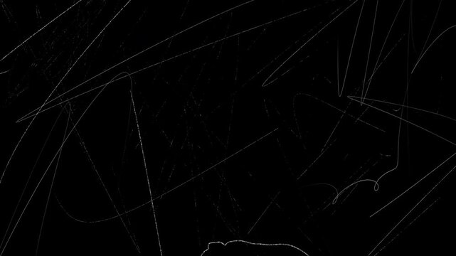 Rapidly changing white scratches and rough grunge textures on a transparent background. Animated distressed overlay for vintage film effects and video compositing.