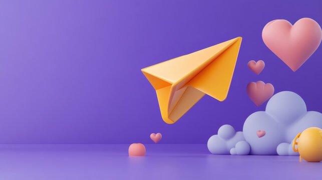 A purple background shows a yellow paper airplane and a message icon with a heart-shaped cloud.  This 3D image represents sending an online message or newsletter.