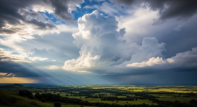 Dramatic clouds dominate a vast, rolling landscape. A massive cumulonimbus cloud rises prominently, illuminated by shafts of sunlight piercing through the dense, dark clouds above.