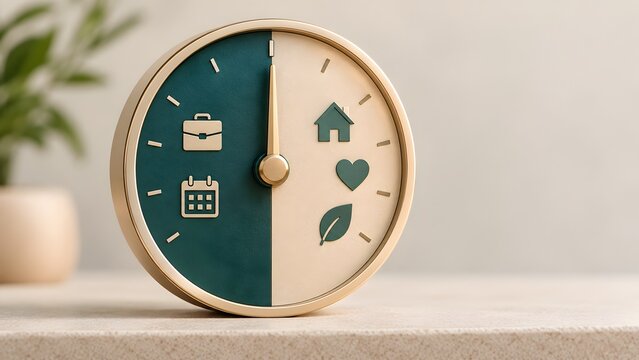 Conceptual clock face divided into professional and personal sections with briefcase and home icons illustrating time management work life balance and flexible scheduling