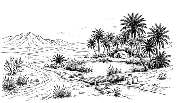 Hand drawn desert oasis landscape with palm trees mountains and road black and white sketch vector illustration