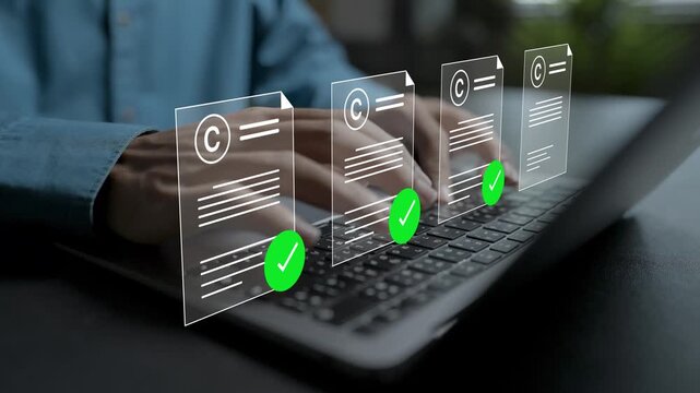 Digital copyright documents concept. Person using laptop with copyright badge, legal file folder and checklist, protection intellectual property rights and data safety.