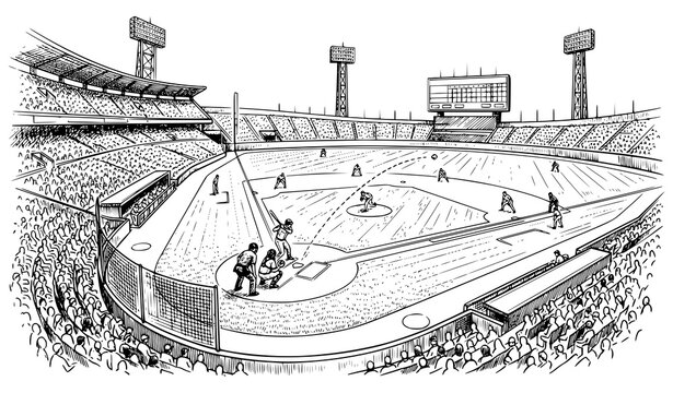 Hand drawn baseball stadium with players scoreboard and crowd black and white sketch vector illustration