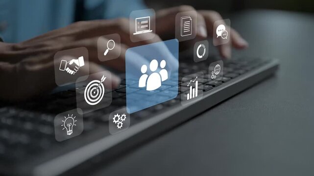 HR management concept. Person typing keyboard with employee profile, org chart and performance gear icons, digital human resources strategy and workforce administration.