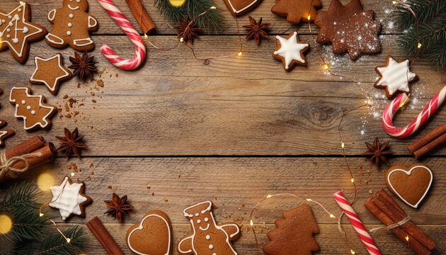 Rustic Christmas Baking Flat Lay with Gingerbread Cookies and Spices