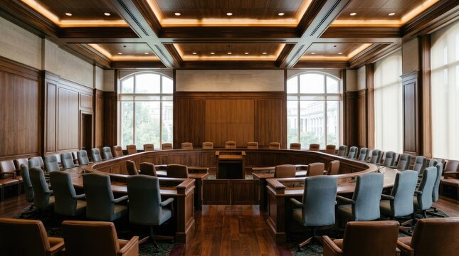 A group of people sit around a large, circular wooden table in a stately, well-lit conference room. The room features dark wood paneling, large windows, and a coffered ceiling with recessed lighting.