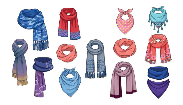 Vector collection of winter scarves bandanas and neck warmers in colorful patterns for cold weather clothing fashion design