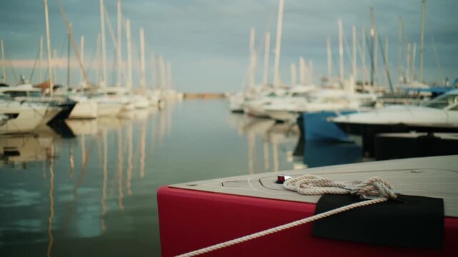 White Mooring Rope On Luxury Yacht Deck At Mediterranean Marina