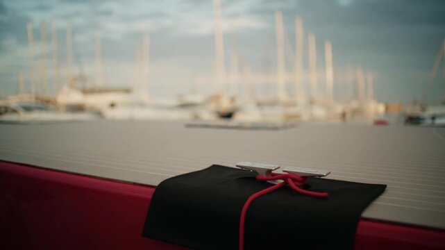Red Yacht Deck With Mooring Rope At French Riviera Marina