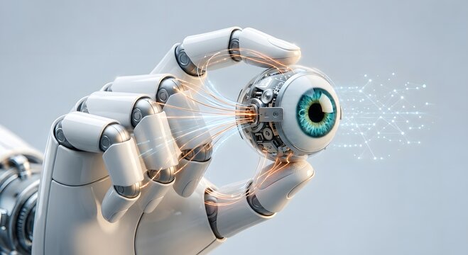 Detailed white robotic hand holding an intricate bionic mechanical eye with a realistic blue iris, complex mechanical components, and a glowing network of data wires on a grey background.