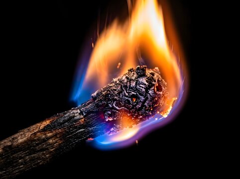 Close up of a wooden matchstick head burning with bright fire