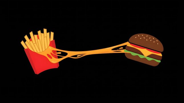 Graphic illustration of a burger connected to french fries by melted cheese