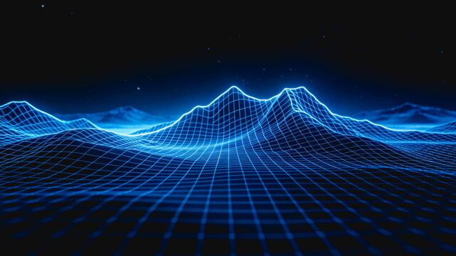 A 3D rendered digital wireframe landscape featuring glowing blue mountain terrain against a dark starry sky, representing futuristic technology and abstract data visualization.