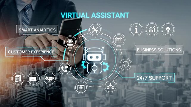 Professional person using mobile device with virtual assistant interface showcasing smart analytics and business solutions with modern city skyline in background. Entropy.