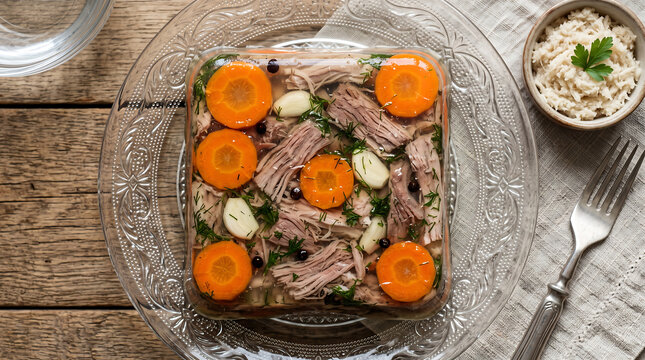 Hyper Realistic 9K Flat Lay Top Down Close Up Ukrainian Kholodets Meat Aspic with Horseradish Food Photography