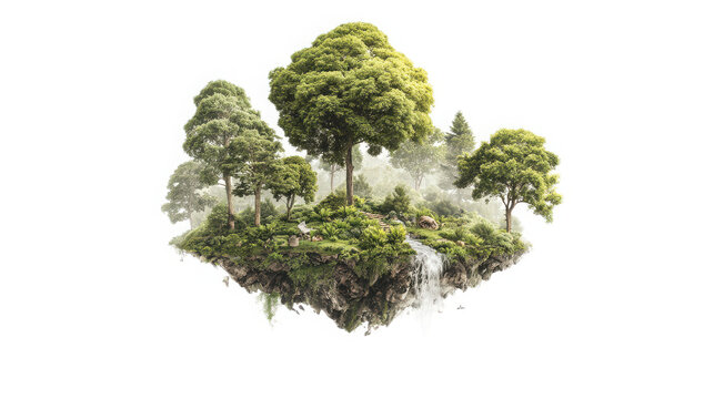 Floating island of rich green forest terrain with dense trees and a gentle waterfall cascading down the rocky cliffs on a transparent background.