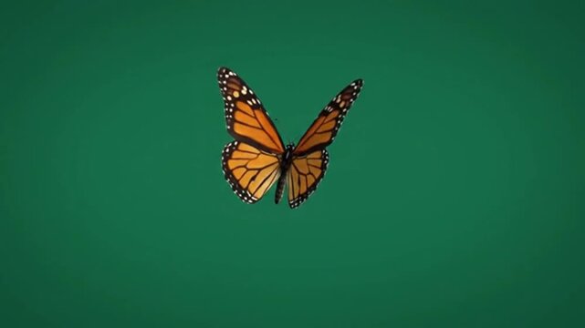 A high quality isolated monarch butterfly flying with delicate orange and black wings against a flat solid green background representing natural beauty in motion
