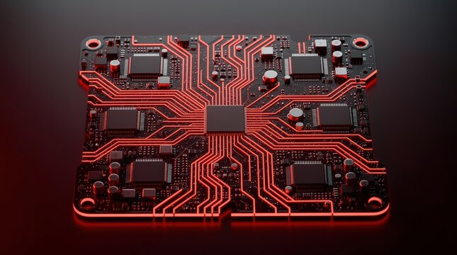 A close-up of a black circuit board with red glowing pathways and multiple integrated chips under dramatic lighting.