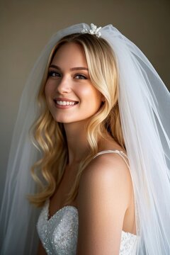 Smiling Bride Wedding Photo Close-up Smiling Bride Side Face Close-up