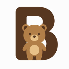 Obraz premium Cute brown teddy bear standing in front of a large dark brown letter B on a white background, perfect for children's education.