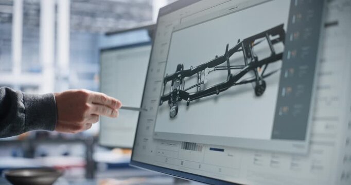 Engineer Points Pen at Display to Analyze 3D Car Frame Tolerances and Structural Specs. Rigorous Research Ensures High Quality Vehicle Production Lines. Quality Inspection, Structural Analysis.