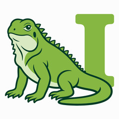 Obraz premium A stylized green iguana with a prominent letter 'I' in the background, representing the letter and the animal.