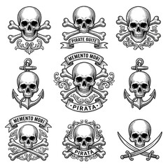 Fototapeta premium Pirate Skull and Crossbones Vector Set Vintage Memento Mori Badges Swords Anchors Ribbons Line Art Collection Isolated on White Background