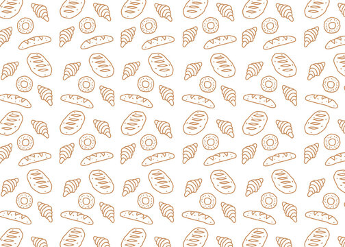 Seamless bakery illustration pattern with brown outline and white background. Food packaging, menu illustration. Hand drawn wrapping design, food business, bakeshop