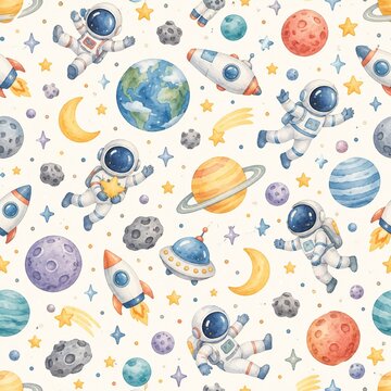 Cute astronaut adventure seamless watercolor nursery pattern