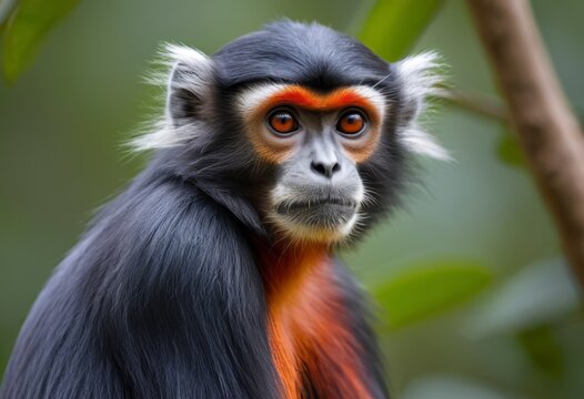 Close-up of red-haired black langur and red-faced vervet monkey