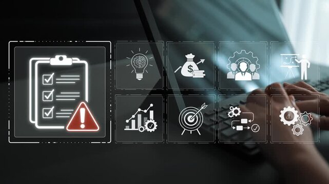 Digital checklist with warning icon and related business graphics, illustrating the importance of task management and productivity in the workplace Sigmoid