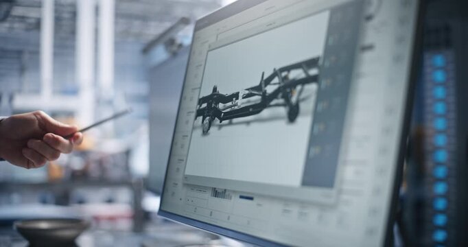 Engineer Pointing Stylus at 3D Vehicle Chassis CAD Model on Computer Display. Computer Aided Engineering Optimizes Modern Automotive Manufacturing Design. Automotive CAD Engineering, Vehicle Design.