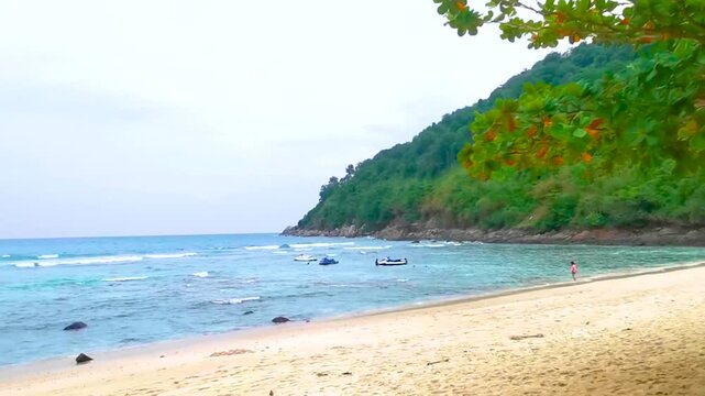 Merlin Beach Tropical Coral Rocks Waves Palms Hills Dramatic Cloudy Sky Thailand.