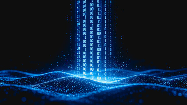 A 3D conceptual illustration of a digital data stream with binary code and glowing particle waves, representing modern information technology.