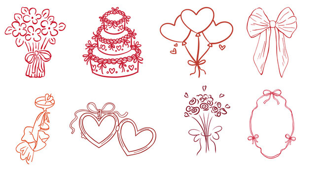 Hand drawn wedding icons set, red line art romantic doodles, collection of 8 marriage celebration elements, floral bouquet and heart illustrations