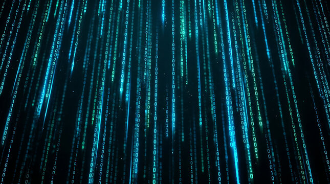 Abstract background of digital binary code raining down in glowing blue lines