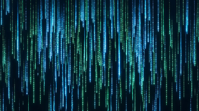 Abstract background of digital binary code cascading in vertical glowing blue and green columns